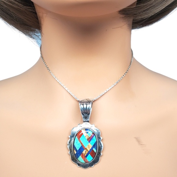 Shube Sterling Silver Navajo Mosaic Inlay Pendant #20786 - Picture 7 of 9